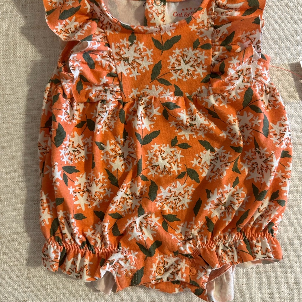 Cat & Jack Orange Floral Baby Romper with Green Leaf Accents